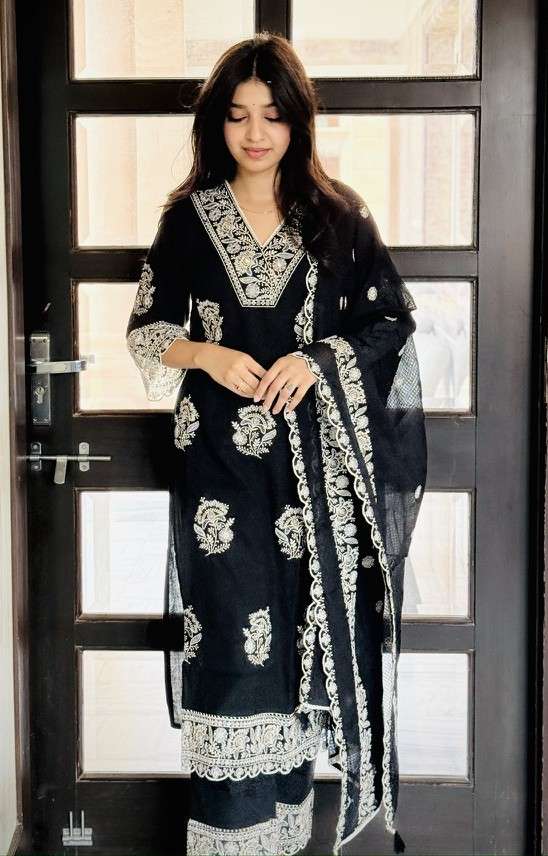 Midnight bloom embroidered suit set